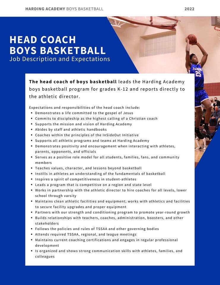 🏀 Harding Academy is in the search process for a head coach of our boys basketball program. We’re looking for someone who loves Jesus, students, and athletics.

Feel free to share our coaching profile packet with anyone and everyone!
