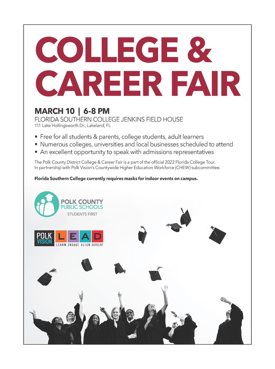 PolkSchoolsNews's tweet photo. Don't forget that our annual College Fair is coming up this Thursday from 6 to 8 p.m. at Florida Southern College! This FREE event also includes employers for the first time; approximately 70 colleges and businesses have signed up to participate. We hope to see you there! https://t.co/H4HWIzfQOJ