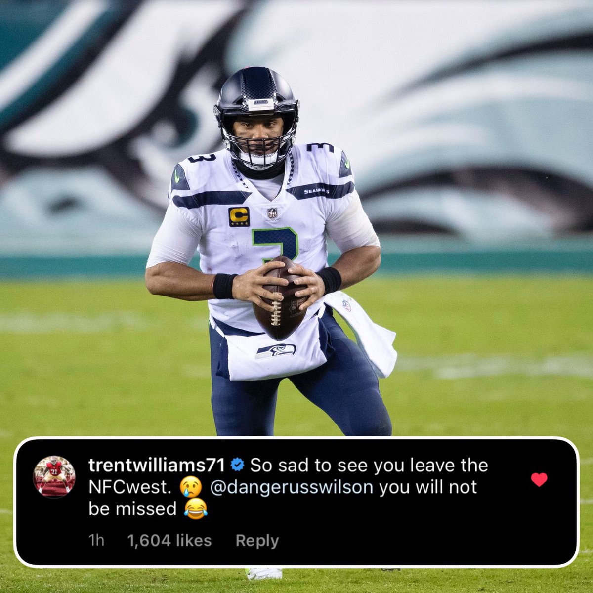 OurSf49ers's tweet photo. #49ers LT Trent Williams’ reaction after seeing Russell Wilson being traded is priceless 😂 https://t.co/mPDoC3yF26