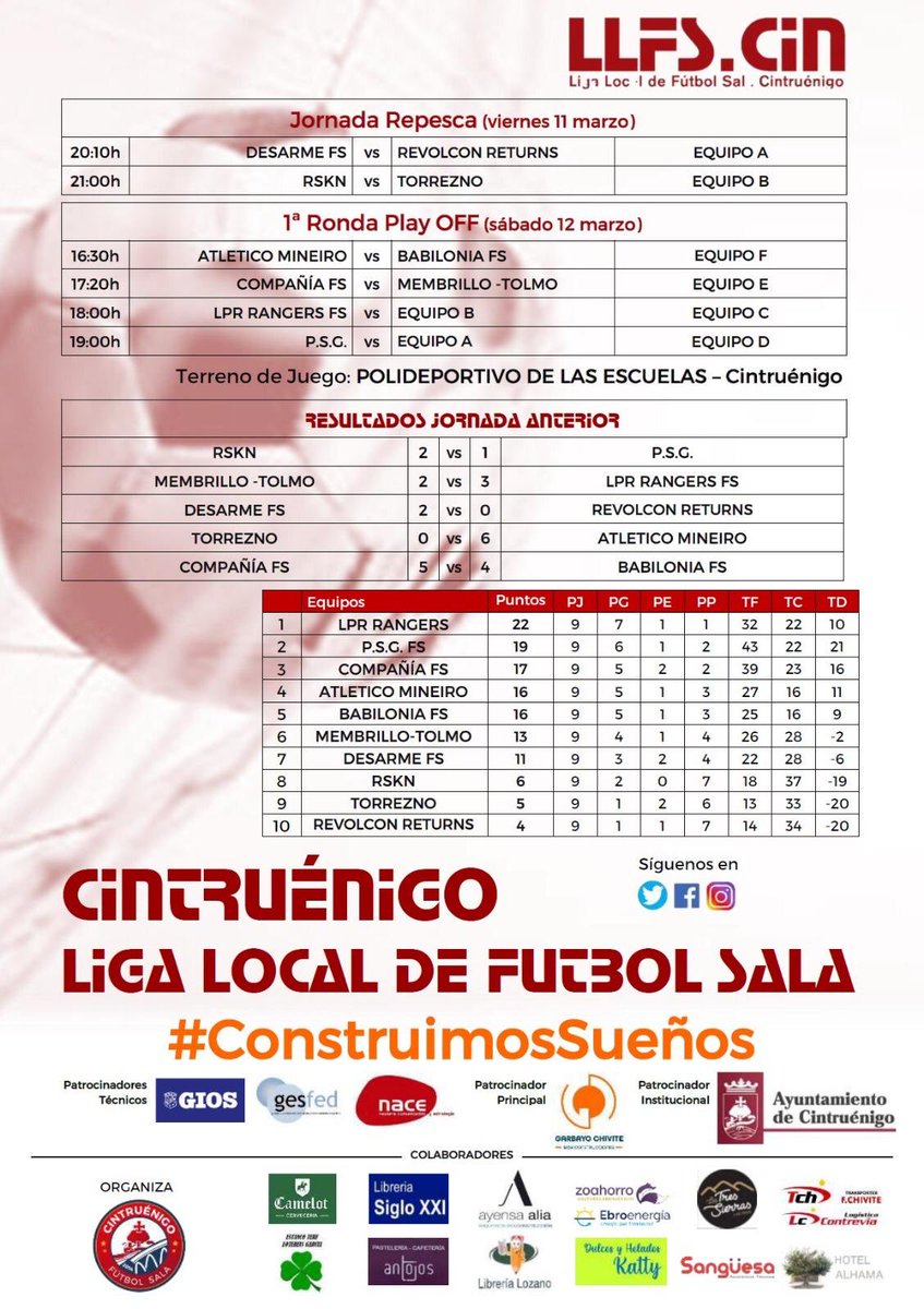 🏐 Acaba la liga regular #LLFS y comienzan los #playoff 
📡 Jornada #espectacular la que se avecina con la #repesca el viernes y la 1 ronda #playoff el sábado
🔥Espadas en todo lo alto!!
💪#emocion #tension #nervios #pasion #futsal 
#LLFS #CintruenigoesFutbolSala