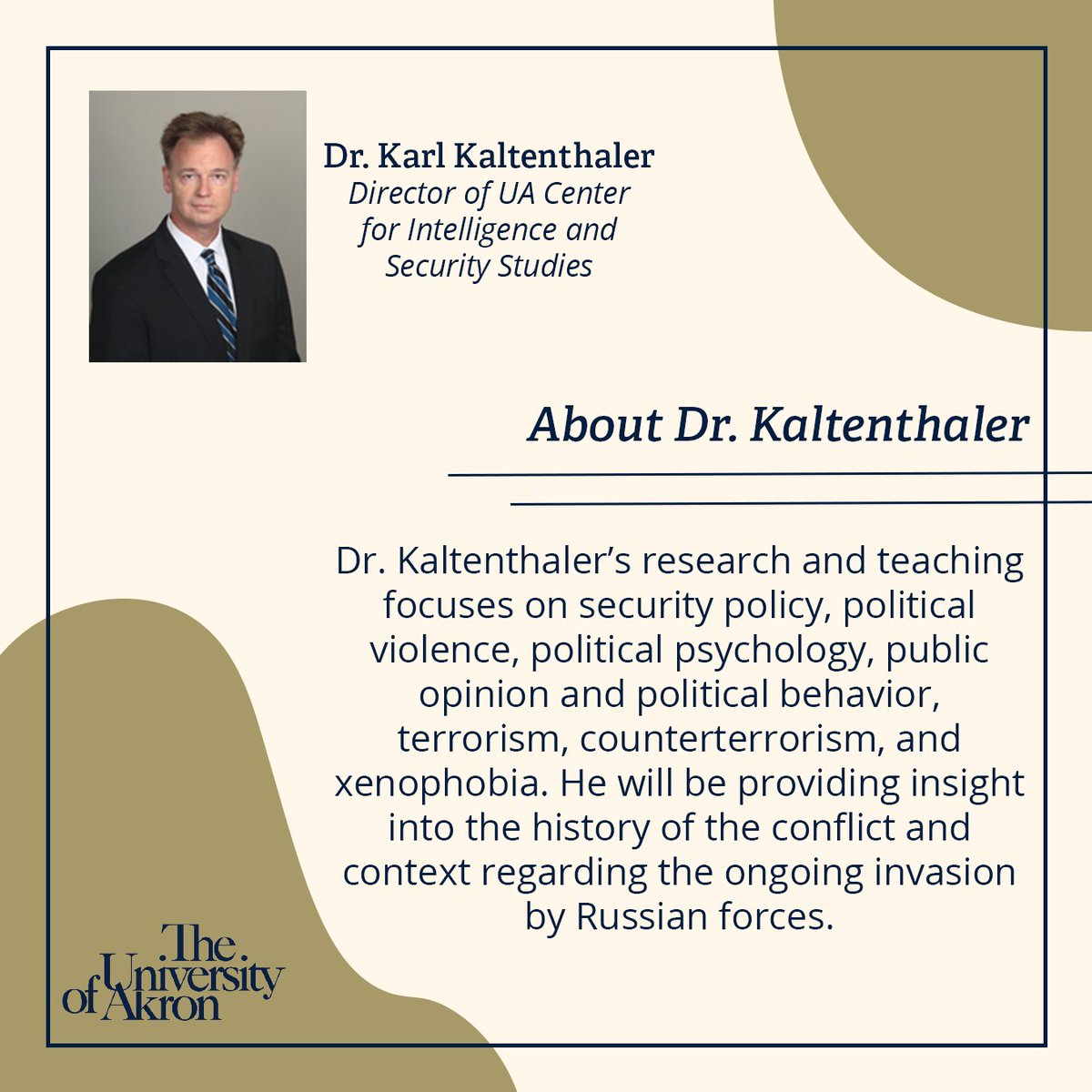 Williams Honors College (@uakronhonors) on Twitter photo The WHC will be hosting a discussion on the Russian invasion of Ukraine in the Jacobson Common Room with Dr. Karl Kaltenthaler. The event will be this Thursday, March 10th from 4-5 PM and will also be broadcasted on Teams. Please contact Meg(mms131@uakron.edu) for more info. The WHC will be hosting a discussion on the Russian invasion of Ukraine in the Jacobson Common Room with Dr. Karl Kaltenthaler. The event will be this Thursday, March 10th from 4-5 PM and will also be broadcasted on Teams. Please contact Meg(mms131@uakron.edu) for more info.