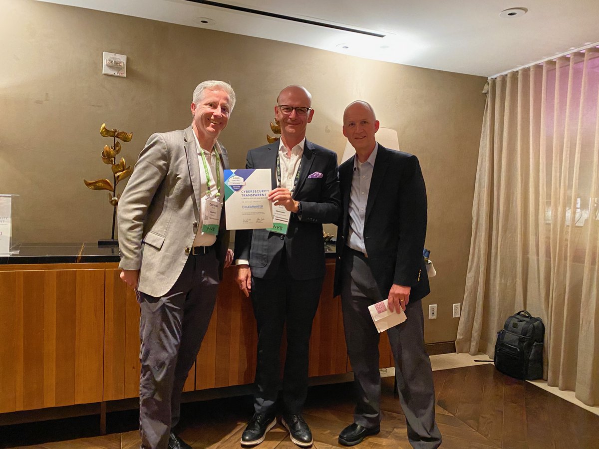 censinet's tweet image. Congratulations to @ClearwaterHIPAA for their #CybersecurityTransparent award at #ViVE2020. Shown are Cormac Miller of @censinet, Jon Stone of @ClearwaterHIPAA, and Bob Cash of @KLASresearch.