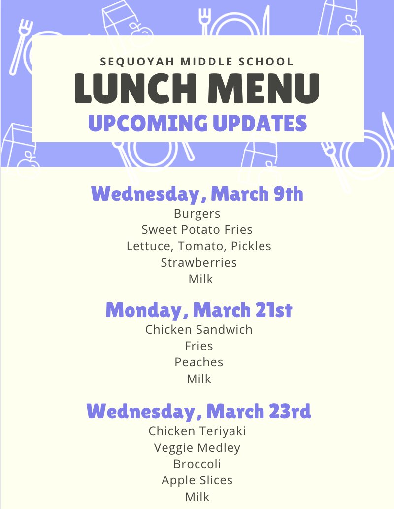 There have been a few changes made to the upcoming school lunch menu. Please see the attached image for further details.