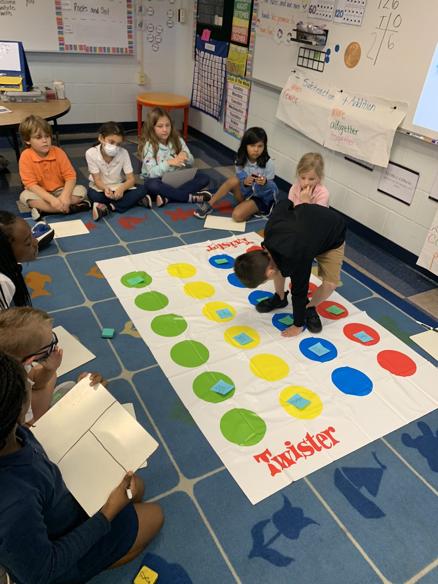 mrs_nehring's tweet image. Practicing two-digit addition and subtraction today with twister! They are getting so good at using a strategy that works best for them! #100chart #tensandones