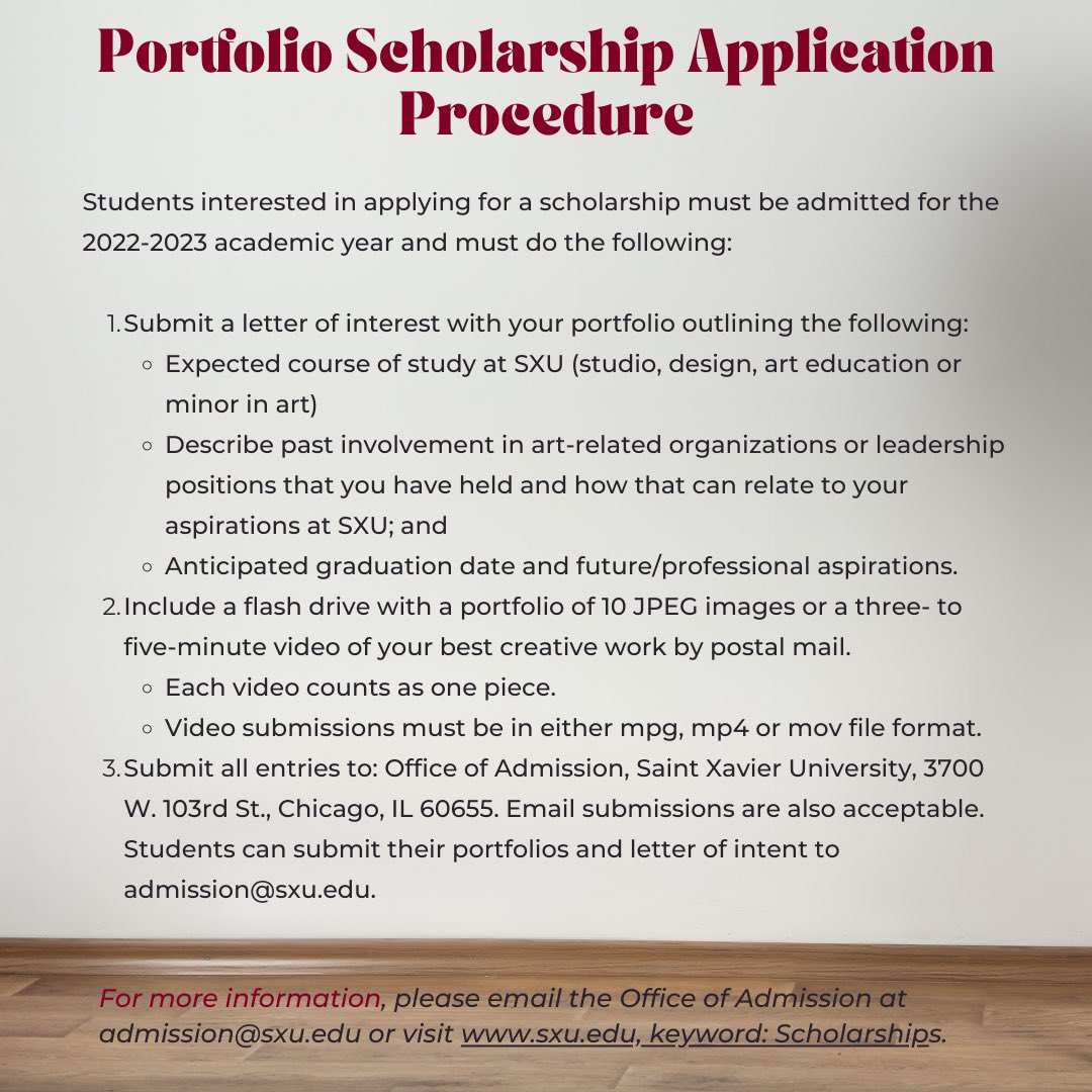 Hey Incoming Fall 2022 cougars! Did you hear SXU’s Art &amp; Design Profolio Scholarship’s deadline is approaching soon; Friday, March 18. Students interested in Majoring or Minoring in art should apply. We can’t wait to see your submissions!