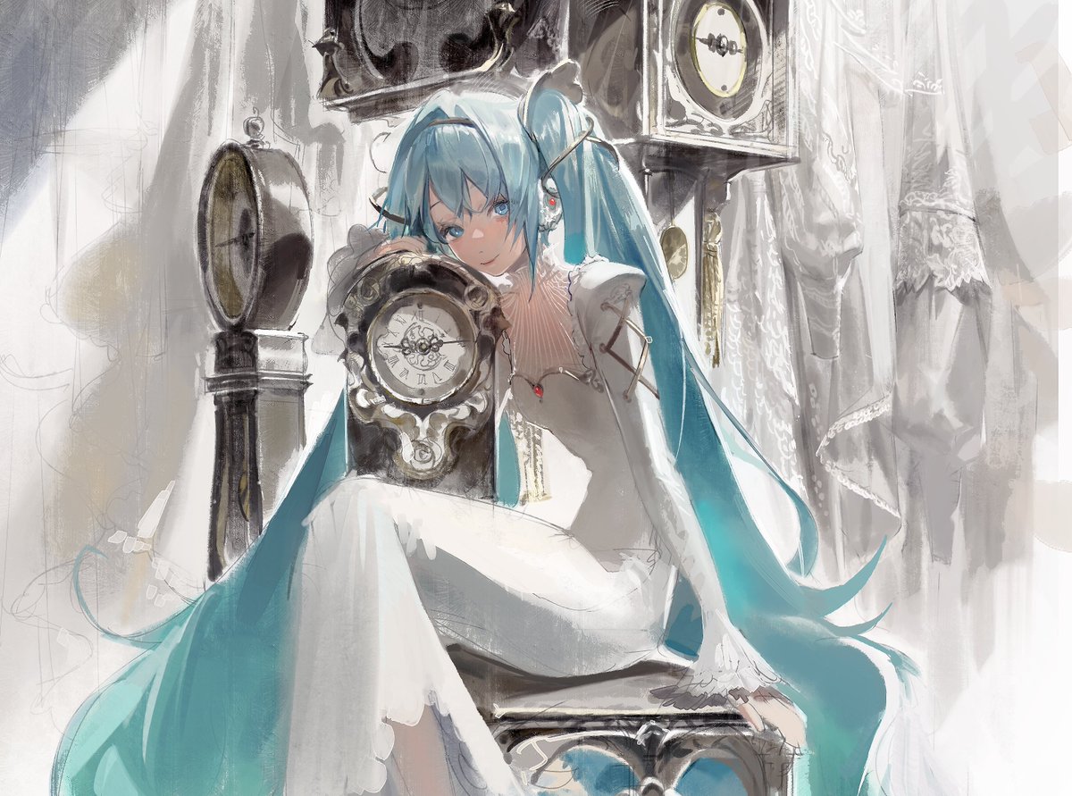 hatsune miku 1girl long hair dress solo sitting very long hair twintails  illustration images