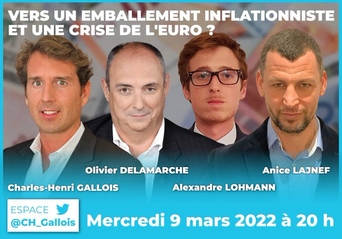 RLC_EquipeCom's tweet photo. 🔴 Ce soir à 20 h : "VERS UN EMBALLEMENT INFLATIONNISTE ET UNE CRISE DE L'EURO ?"

@CH_Gallois sera en compagnie de @AniceLajnef, @AlexandreLOHMA1 et @ODelamarche sur son espace twitter.

Definir un rappel 👉 https://t.co/V3VSpDkF1E https://t.co/El0lwFxqGc