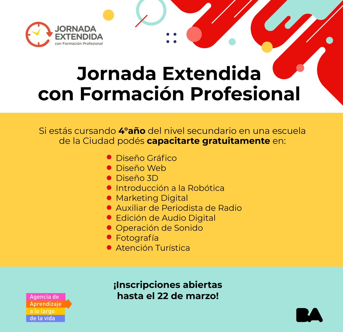 CFP36CABA's tweet photo. Inscripción abierta
Jornada Extendida con Formación Profesional

Destinado a estudiantes que cursan 4º año en las escuelas públicas de CABA
Inicio de clases: 28 de marzo

Inscribite hasta el 22 de marzo en: https://t.co/Hc1KHqUCgc

Te esperamos! https://t.co/HoVkmtwBKf