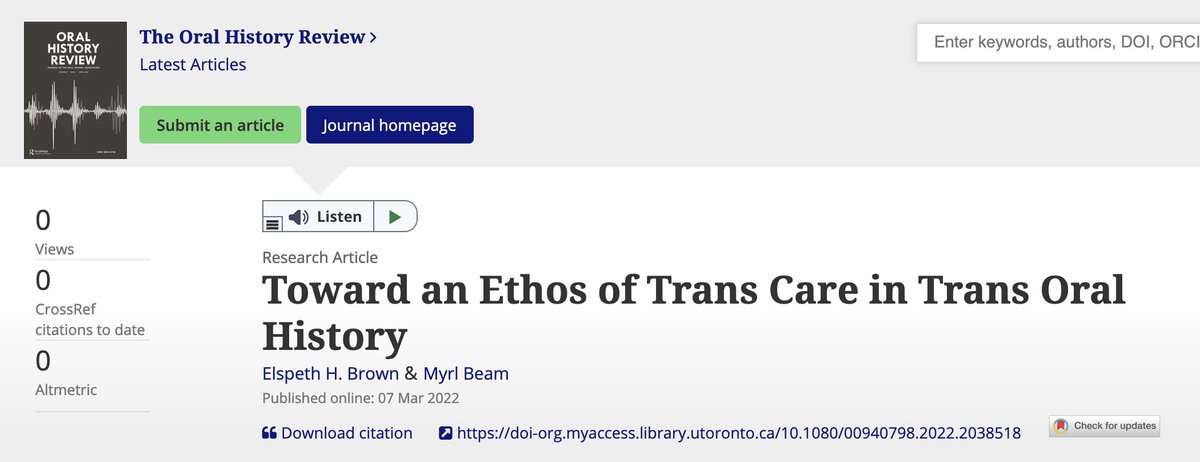 Check out the article that <a href="/BeamMyrl/">Myrl Beam</a> and I wrote together, just published in the Oral History Review, on an ethos of trans care in trans oral history!#oralhistory #twitterstorians