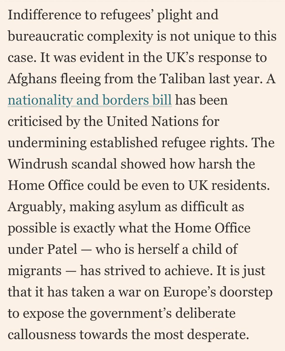 jburnmurdoch's tweet photo. Blistering @FT editorial on UK's shameful Ukrainian refugee policy 🔥🔥

Half-hearted measures, deliberately and unnecessarily complex, enacted too late, "entirely consistent with its overarching migration and asylum policy and with a confused Home Office" https://t.co/eBSwhJi9Yl https://t.co/RU5h9W7QWO