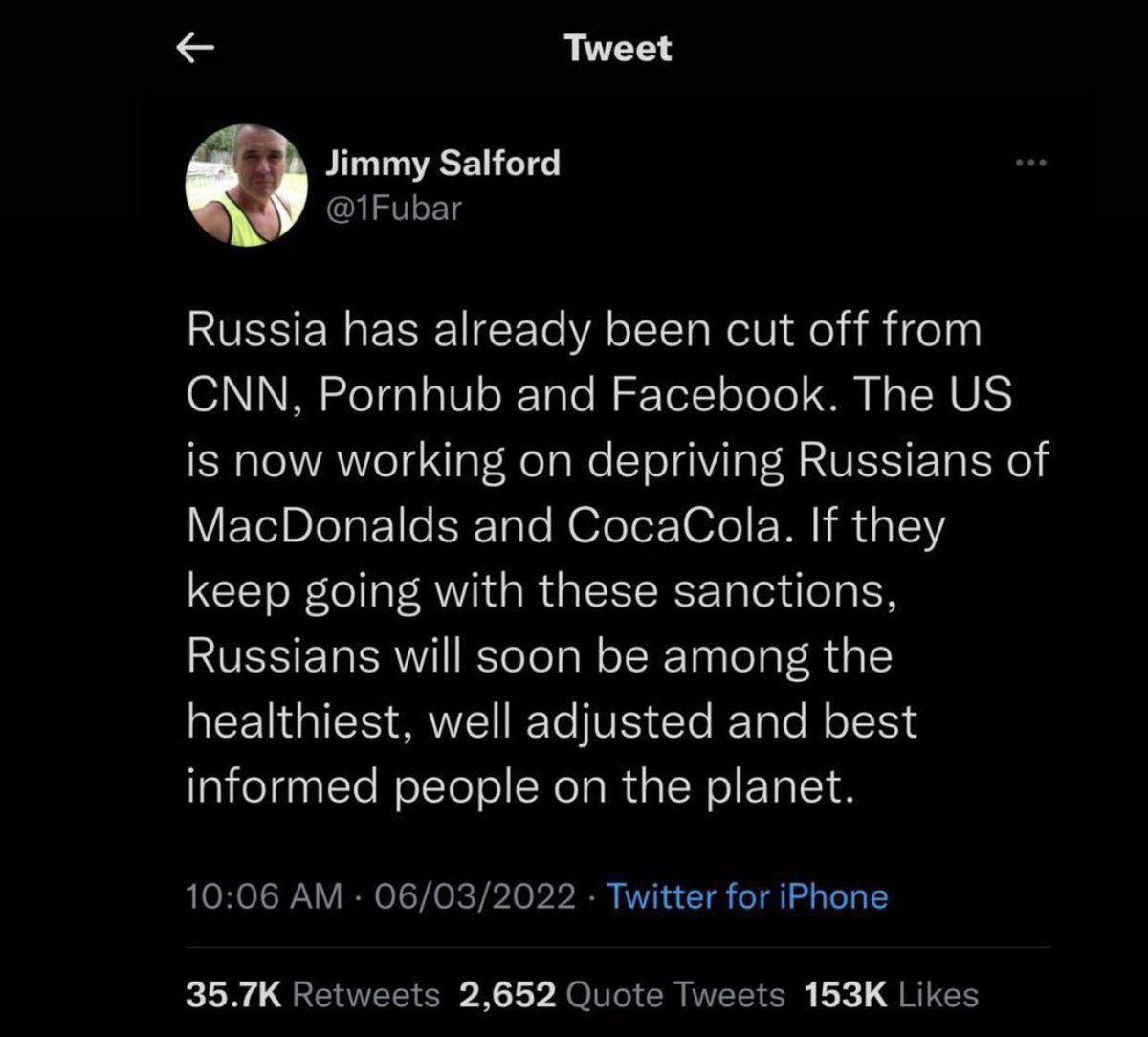 تم قطع بث قناة CNN عن روسيا وكذلك #فيسبوك .. امريكا تعمل الان على حرمان الروس من ماكدونالدز و كوكاكولا: اذا استمرت هذه العقوبات فأن صحة الروس ستتحسن و لن يكونوا ضحايا للتزييف الاعلامي بعد اليوم .