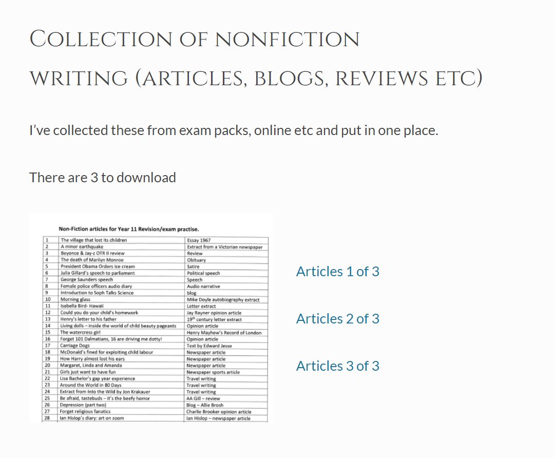 I've collected 41 nonfiction articles, blogs etc for our yr11. 
Hope it helps <a href="/Team_English1/">Team English</a> 

alwayslearningweb.wordpress.com/2018/12/31/7/