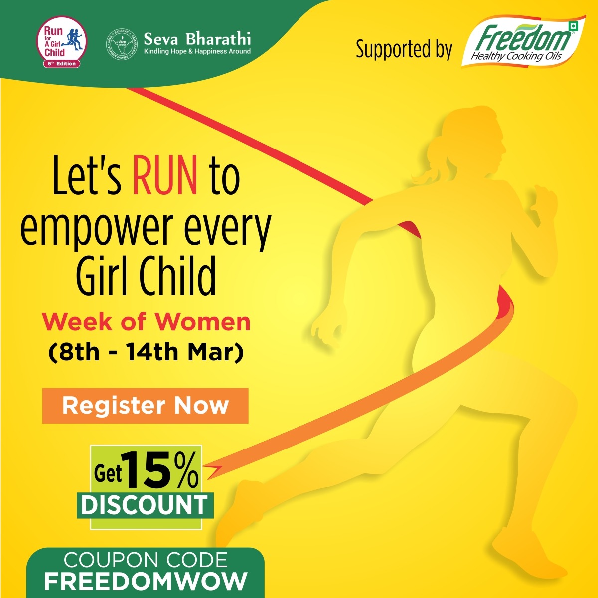 run4agirlchild's tweet photo. In a run to empower every girl child, we are celebrating #WeekOfWomen with @FreedomOil_In supporting by giving away 15% discount on every single registration
Register yourself @ https://t.co/R89MQGA30A today
@sevabharathitg #All4AGirlChild #Hyderabad #Marathon #Hyderabad #RFGC6 https://t.co/hVMuNX4pkd