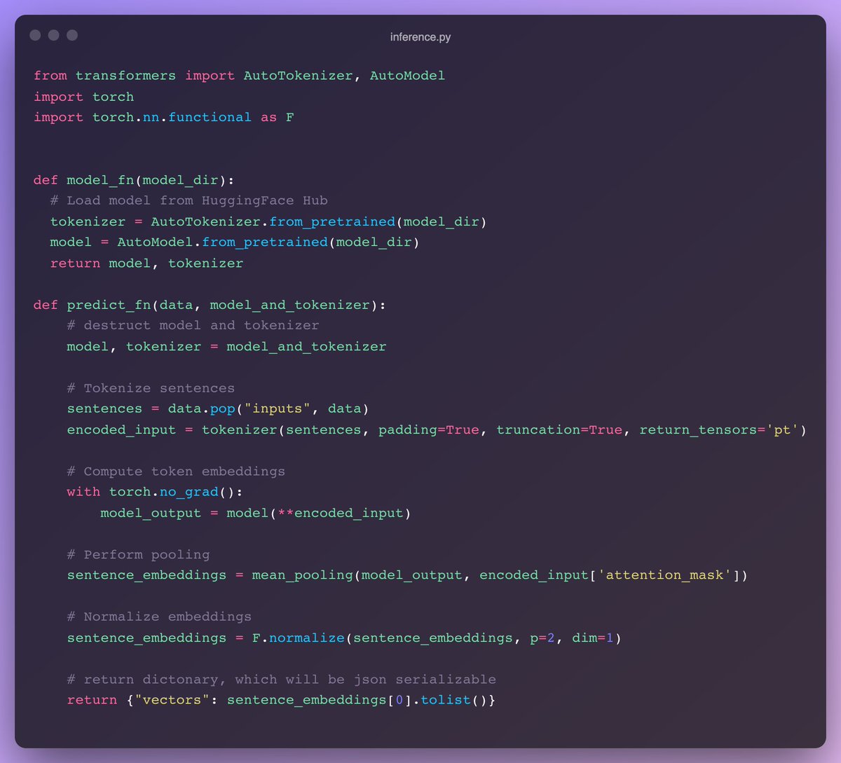 _philschmid's tweet photo. New Hugging Face SageMaker Example💫✨

Learn how to use a custom inference script to easily compute sentence embeddings using https://t.co/CJKx4IpSkb Sentence Transformer models. 🧮

🖼 blog: https://t.co/VebQxHH03D

📈 notebook: https://t.co/ef7dJBczI7 https://t.co/D9Q4TjbSBl