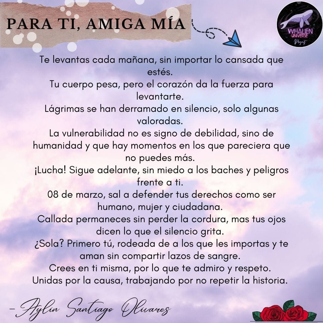 WhalienUniverse's tweet photo. Hoy conmemoramos la lucha de cada una, admiramos tu fuerza y determinación para salir adelante.

Las tkm. Las abrazamos hermanas, ARMY siempre será nuestra casita, nuestro lugar seguro. 

- Poema de Aylin Santiago Olivares. 💜

#8m #diainternacionaldelamujer #army https://t.co/D7z8InHCkM