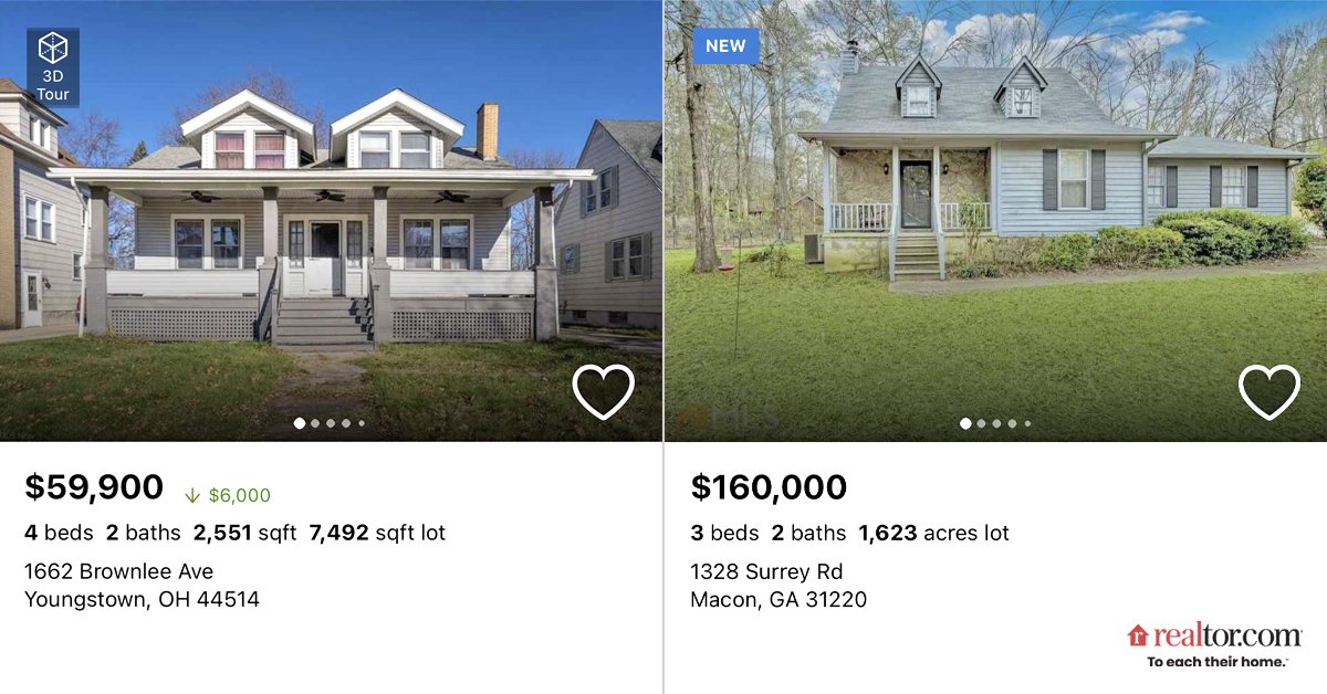 realtordotcom's tweet image. Cheapest metros to buy a home + their median list price 💰🏠

1. Peoria, IL - $98,000
2. Terre Haute, IN - $104,900
3. Saginaw, MI - $112,200
4. Youngstown, OH - $118,000
5. Davenport, IA - $127,400

[Cont. 👇]