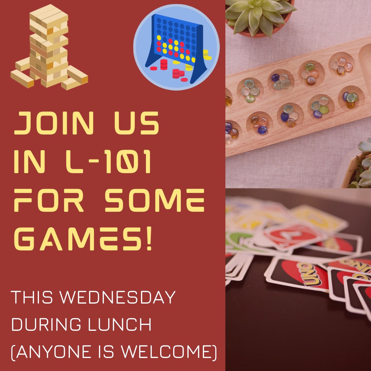 We are gonna have board games available to play in the club room tomorrow during lunch! Feel free to come in and play some games with your friends or with others (there are plenty of games to choose from)!