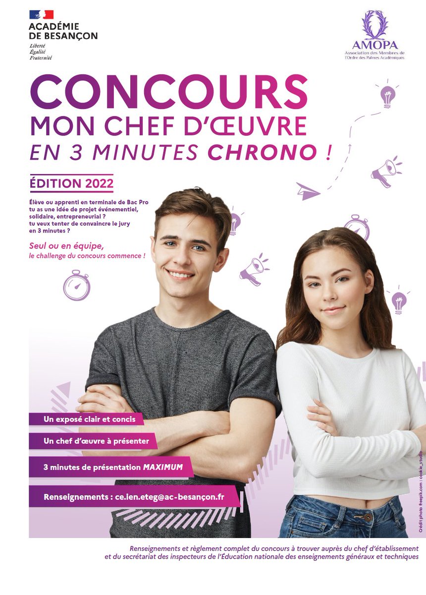 📢 Le collège des IEN ET EG IO de <a href="/acbesancon/">Académie de Besançon</a> lance le concours "Mon chef-d'oeuvre en 3 minutes chrono".
📣 Allez 🔔🎶🎤 les élèves et les apprentis de terminale Bac pro, on s'inscrit ?
<a href="/lbertrand_ien/">L. Bertrand - IEN</a>
@CaLeMauff
@OLINE70
<a href="/StphanieLibert2/">Stéphanie Libert</a>
<a href="/KarineReitter/">Karine Reitter</a> 
<a href="/lhgbesancon/">Lettres histoire géographie académie de Besançon</a> 
<a href="/les_palmes/">Les Compagnons de l’Ordre des Palmes Académiques.</a>