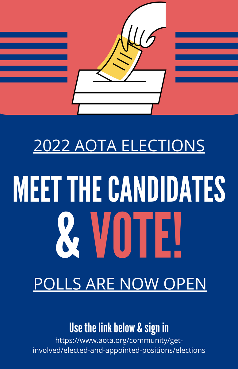 upcomingOT's tweet photo. #AOTA members: Have you voted yet? Polls close tomorrow at 11:59 AM (just before noon). Please #vote #occupationaltherapy #ot  https://t.co/S6FqOvMMyy https://t.co/X9rjlq8Bh8