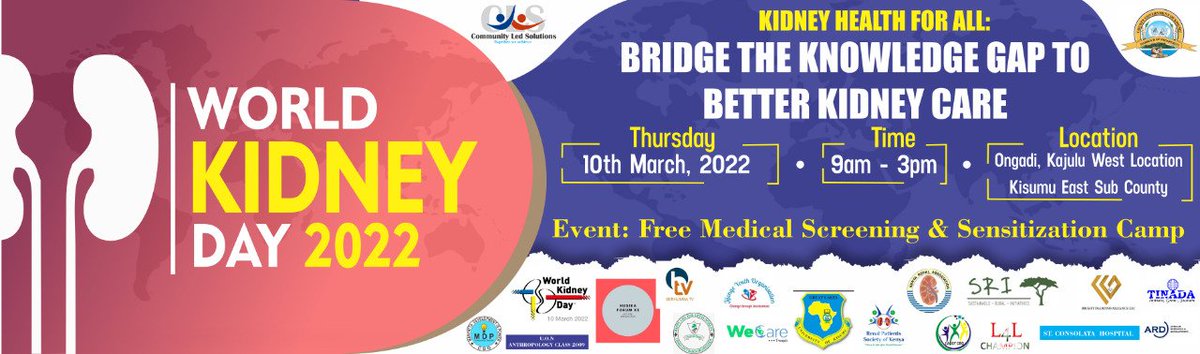 We are set for the marking of <a href="/worldkidneyday/">World Kidney Day</a> 2022.
Thanks for all those who are supporting us in putting together a health outreach camp. #kidneychampions
<a href="/KenyaRenal/">Kenya Renal</a> 
<a href="/renal_ke/">Renal Patients Society of Kenya</a> 
@wecare518 
<a href="/jijengeyouthorg/">Jijenge Youth Organization</a> 
<a href="/LeadersChampion/">Leaders for Leaders Champion Org.(LLCO)</a> 
<a href="/Lacot2020/">Lakshore For Community Transformation(LACOT)</a>
@NCDAK