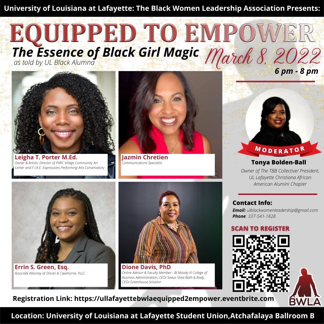 ulbwla's tweet image. Just a reminder about tonight’s event! It will be a panel discussion with community members and moderated by Tonya Bolden Ball! There will be door prizes and refreshments!🥳Attire is business casual 💜We hope to see you all there! #ulgetinvolved #WomensHistoryMonth