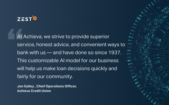 Zest AI (@zest_ai) on Twitter photo Welcome <a href="/AchievaCU/">Achieva Credit Union</a> ($2.4B assets) to the growing family of lenders choosing Zest AI software to facilitate better, faster, fairer lending. Here's what Jen Galley, Chief Operations Officer had to say: Welcome <a href="/AchievaCU/">Achieva Credit Union</a> ($2.4B assets) to the growing family of lenders choosing Zest AI software to facilitate better, faster, fairer lending. Here's what Jen Galley, Chief Operations Officer had to say: