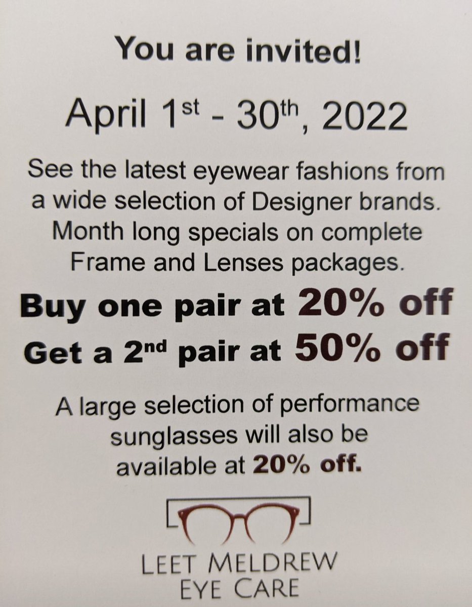 Please join us for our Customer Appreciation Sale April 1st-30th!
See the latest eyewear fashions from a wide selection of designer brands. Month long specials on complete frame and lens packages. A large selection of performance sunglasses will also be included in the sale.