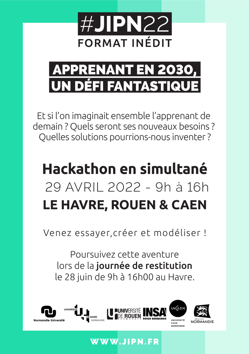 SAVE THE DATE! Les inscriptions pour notre Hackathon "Apprenant en 2030, un défi fantastique" sur trois sites sont lancées, inscrivez vous ici : enquetes.unicaen.fr/index.php/7938… #JIPN22 #SaveTheDate #Hackathon