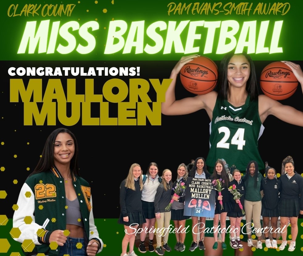 CLARK COUTY PAM EVANS-SMITH
AWARD "MISS BASKETBALL"GOES TO OUR VERY OWN <a href="/mallorymullen24/">Mallory Mullen</a> Mallory is the 4th player to receive Miss Basketball in Catholic Central History &amp; is also the 4th player EVER to make the all-county team ALL 4 years! 
#MISSBASKETBALL☘️
#LeadershipMatters☘️