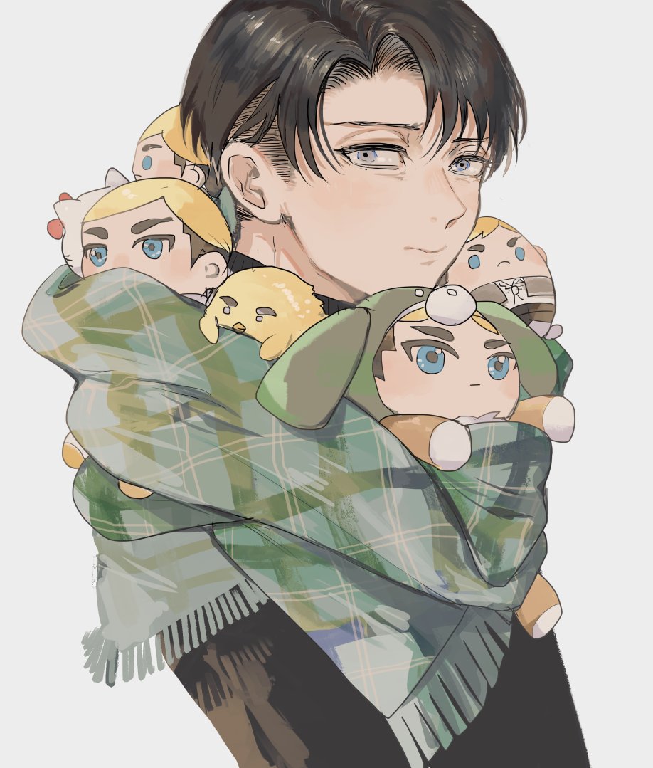 levi (shingeki no kyojin) male focus 1boy scarf black hair stuffed toy short hair looking at viewer  illustration images