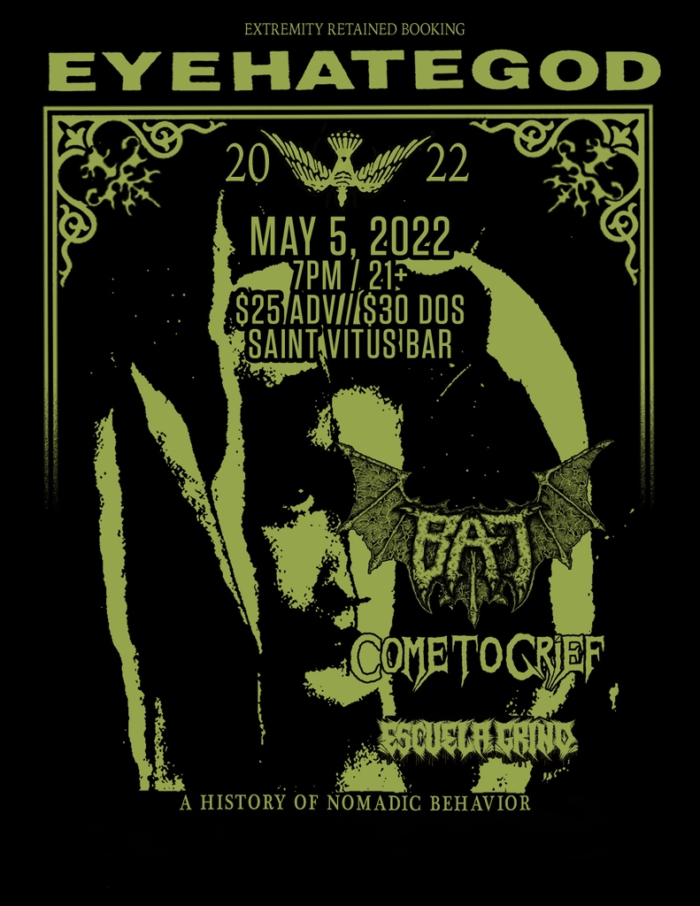 .<a href="/eyehategodnola/">EyeHateGod</a> returns to Vitus! 5.5.22 with Bat, Come to Grief, and Escuela Grind. Tickets now at l8r.it/U83Y (and if you subscribe to our emails, you got this news a half hour before everyone else 😏)