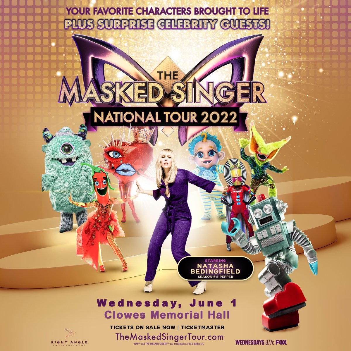 ButlerArtsCtr's tweet image. The Masked Singer Tour is coming to Indianapolis THIS summer! 
Hosted by @natashabdnfield, this one-of-a-kind experience features characters from the TV show PLUS a surprise celebrity guest 👀

Tickets at themaskedsingertour.com! 

#TheMaskedSinger #TheMaskedSingerTour