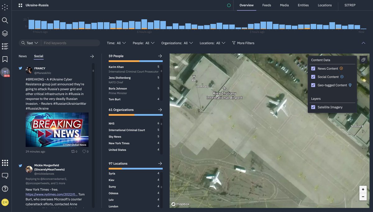 sgourley's tweet photo. Events can be geolocated directly from the text using NER and NEL - no metadata is needed - and these extracted locations are able to be coupled with satellite imagery to allow analysts to connect text and image based intelligence. https://t.co/TsrkzGsYuy