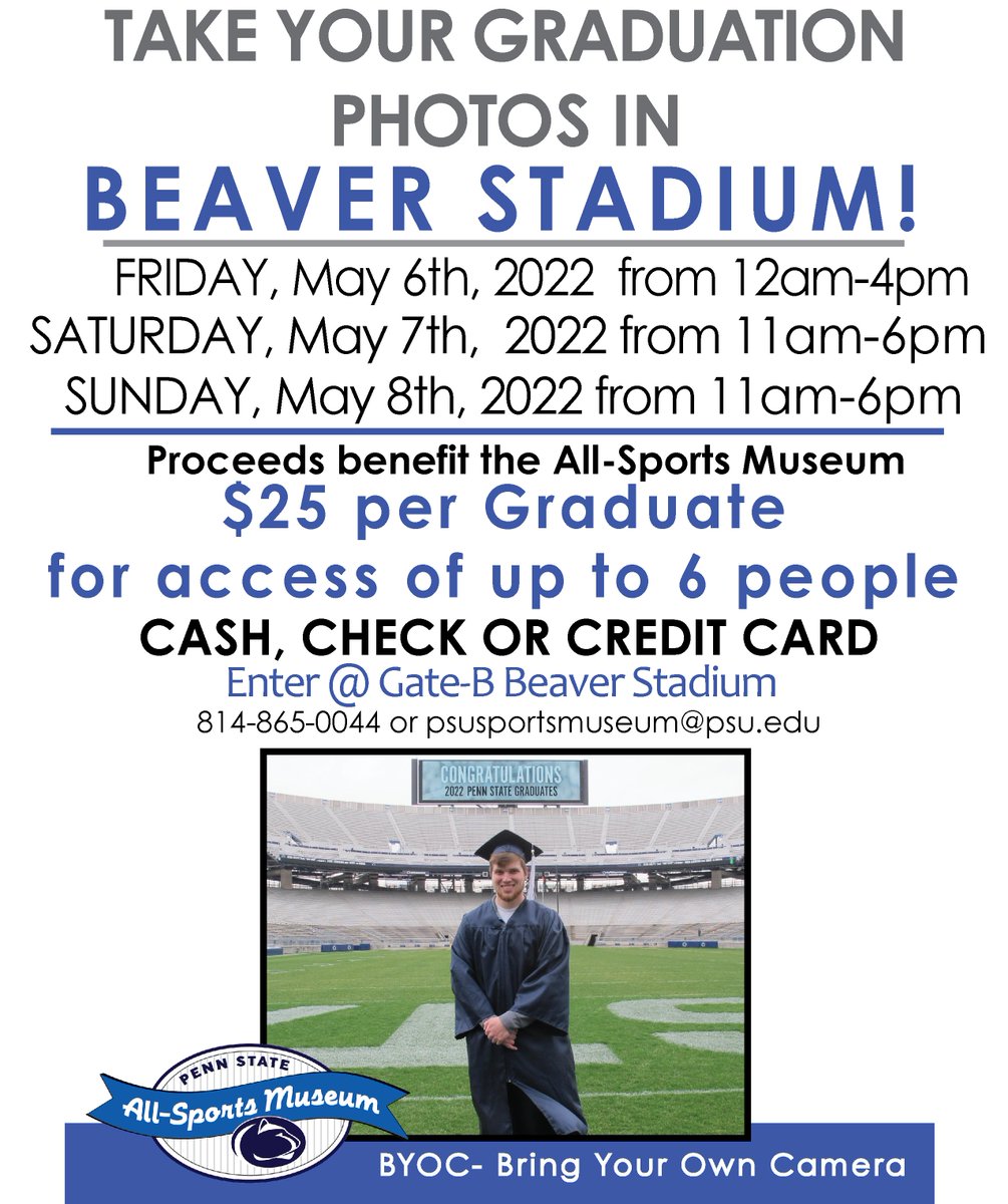 PSUSportsMuseum's tweet photo. Congrats PSU Class of 2022!
Get Your Grad Photos in Beaver Stadium
Reservations open on Friday 3/11
#psusportsmuseum #wearepennstate #PSUgrad #beaverstadium #pennstate #pennstatealumni #pennstateproud #psuclassof2022 https://t.co/B8zwGfVX1W
