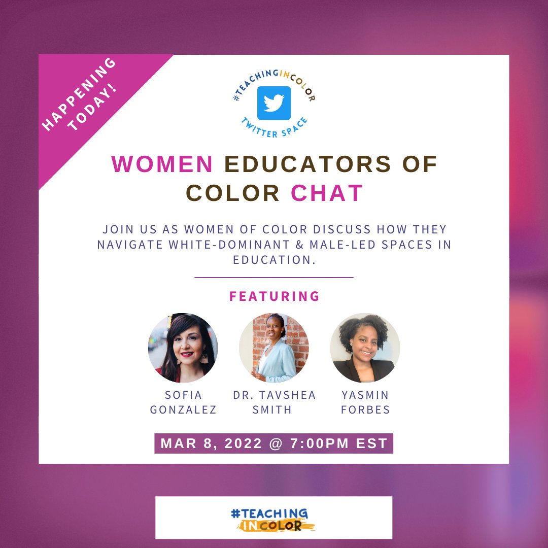 Happy #InternationalWomensDay!

We will be celebrating this day with 3 amazing woman educators, @MrsG_P214, @TSmithED1219, and @_GrandmasterYaz, as they discuss navigating #education spaces as women of color.

Set your reminder to join the conversation: x.com/i/spaces/1myxn…