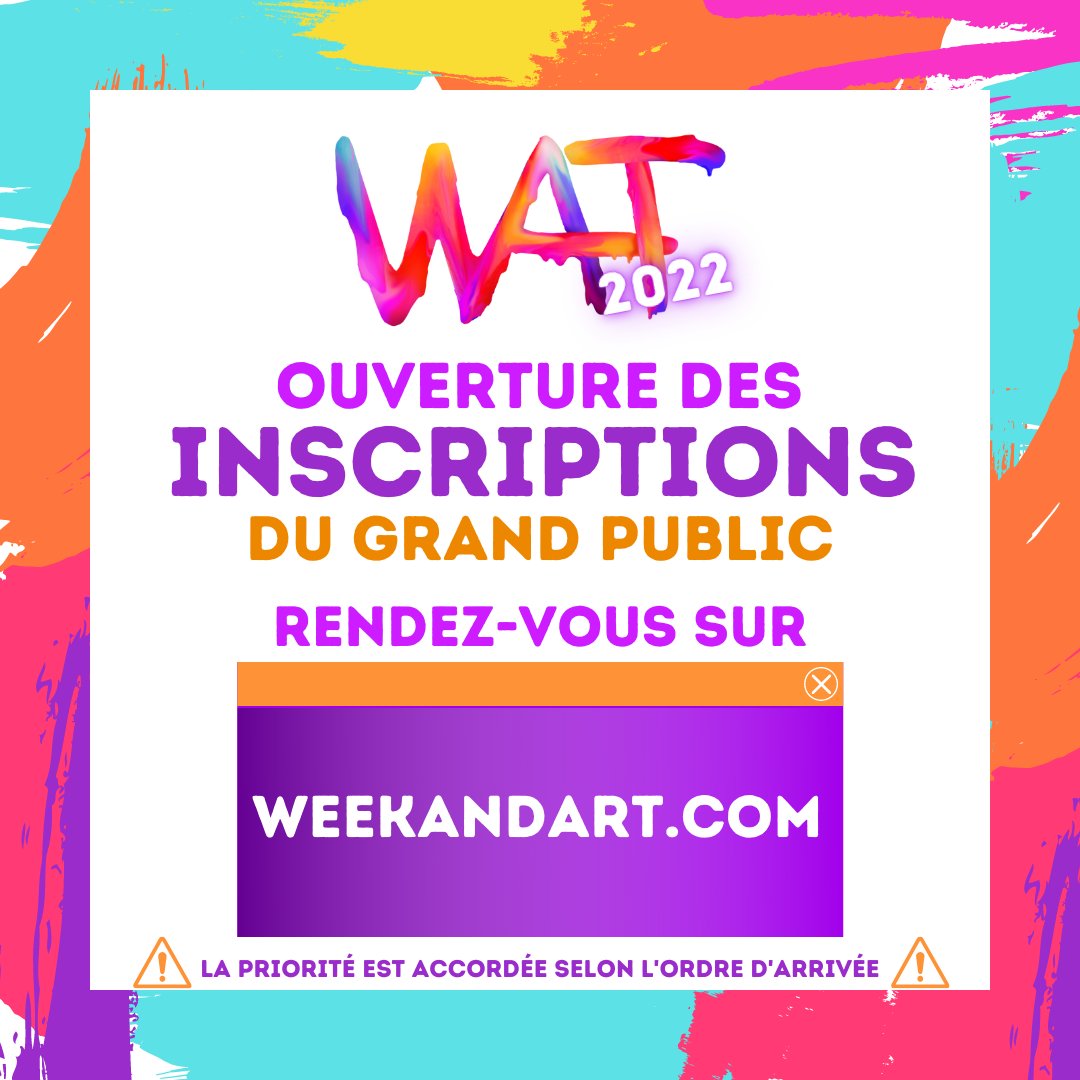 Vous pouvez dès à présent vous inscrire pour la partie "Grand public" de notre concours sur <a href="/TwitchFR/">Twitch FR</a> ! 
Pour rappel, le nombre d'inscription est limité à 150 par catégorie !
⬇️
weekandart.com