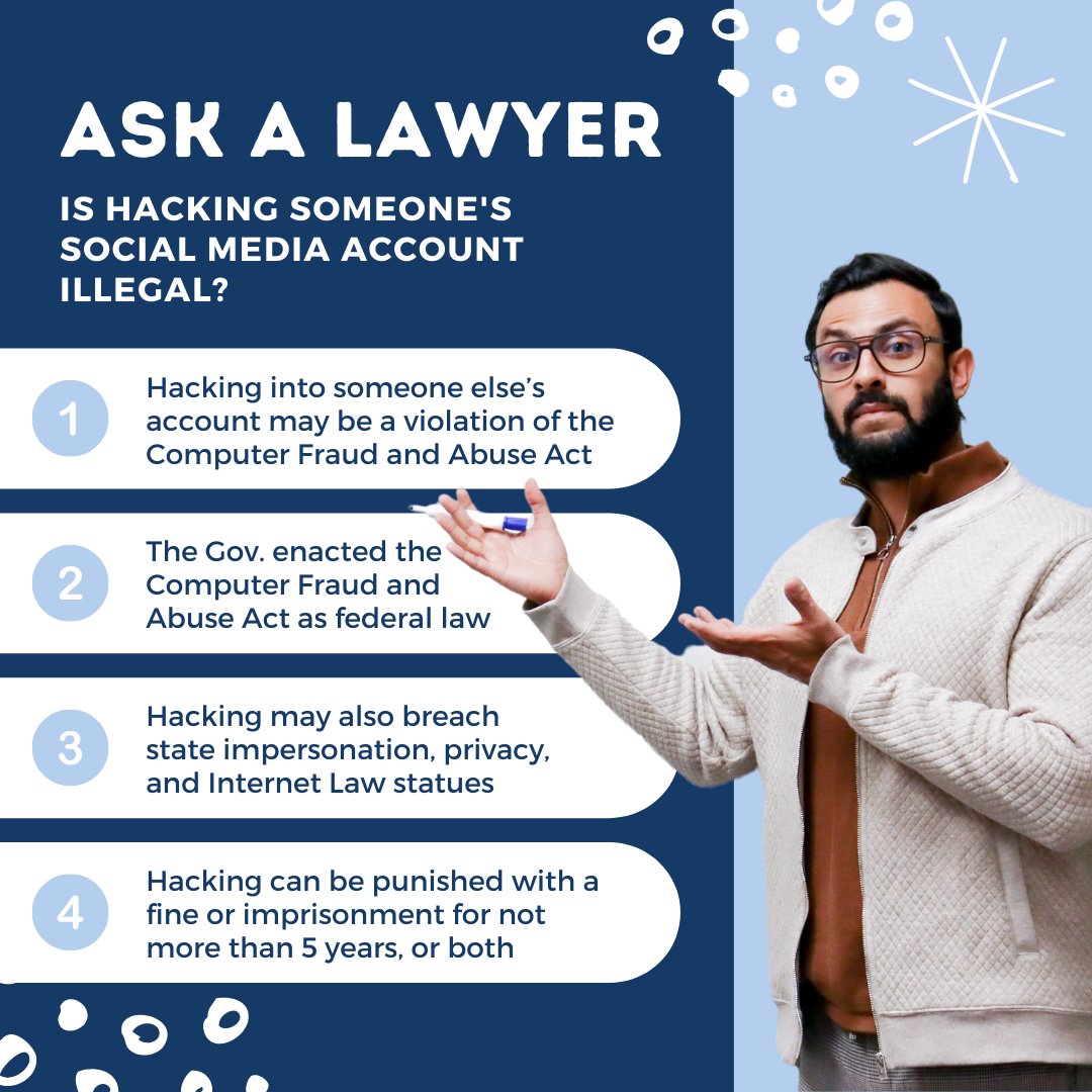RMWarnerLaw1's tweet photo. It may be tempting to hack into another's social account, but if you understand the severe consequences then you'll quickly see its not worth it. Hacking could be considered a violation of the #ComputerFraudandAbuseAct. If you're in need of a #socialmedialawyer, call RM Warner! https://t.co/ht9N3TKIR7