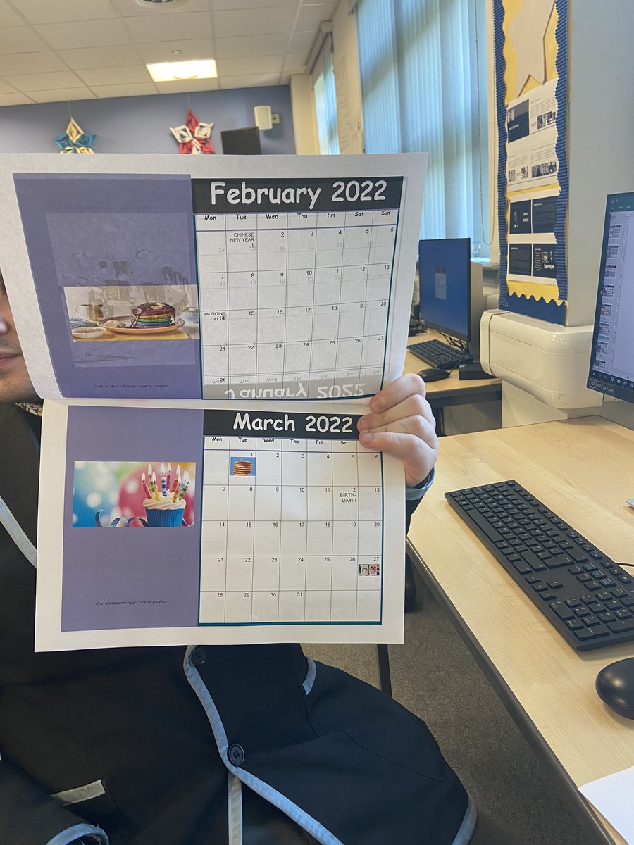 MissMacBusiness's tweet photo. Senior Hub ICT have been working very hard since the start of the year to create their own personalised calendars ๐ This week 2 pupils completed and printed so they could take it home for their bedroom wall! ๐๐ป #busedscot #calendar2022 https://t.co/dTrI3pM6RP