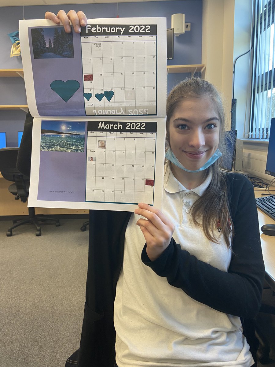 MissMacBusiness's tweet photo. Senior Hub ICT have been working very hard since the start of the year to create their own personalised calendars ๐ This week 2 pupils completed and printed so they could take it home for their bedroom wall! ๐๐ป #busedscot #calendar2022 https://t.co/dTrI3pM6RP