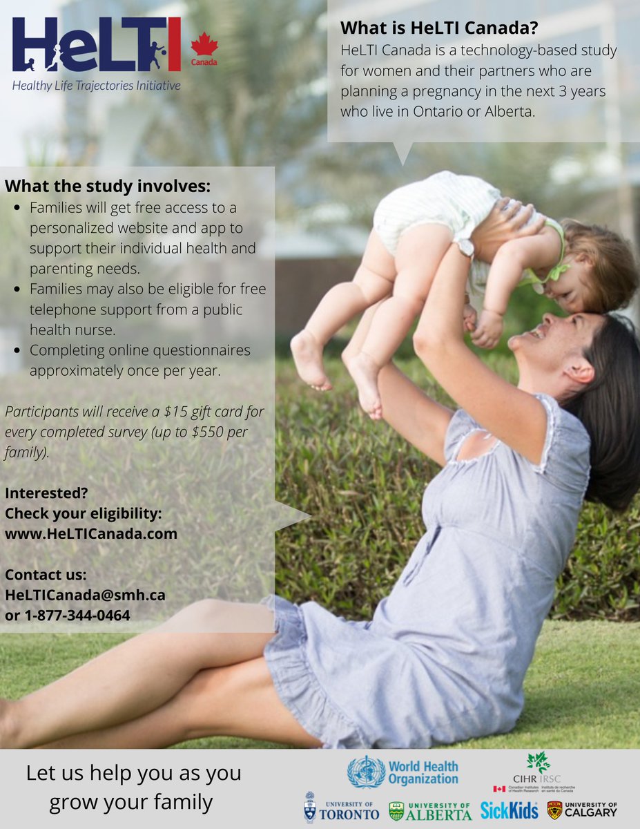 HeLTI_Canada's tweet photo. Planning a pregnancy in the next 3 years? ✅
Have no children OR a child between 0-12 months?  ✅
Live in Ontario or Alberta? ✅

Considering joining the HeLTI Canada study to support your individual health and parenting needs. For more info, visit: https://t.co/Sh613QBOhy https://t.co/OImeTUDtDb
