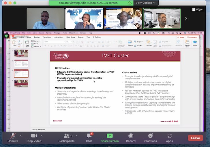 Honored to join @_AfricanUnion- @nichoms @worlddidac DG @DannyGauch and #SIFA @NEPAD_Agency Unami Mpofu @MdexSA #TVETCluster team & colleagues from other agencies in education sector to discuss the efforts, plans & policies towards the development of skills and quality education.