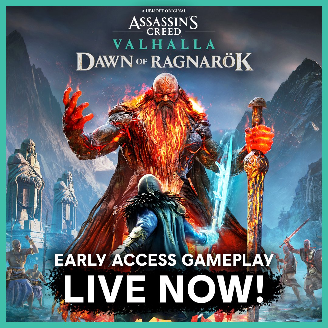 assassinscreed's tweet photo. Get a first look at never-before-seen early access gameplay for Assassin’s Creed Valhalla: Dawn of Ragnarok. Watch now and earn in-game drops at https://t.co/IANJ7m8ihc at 10AM PT.