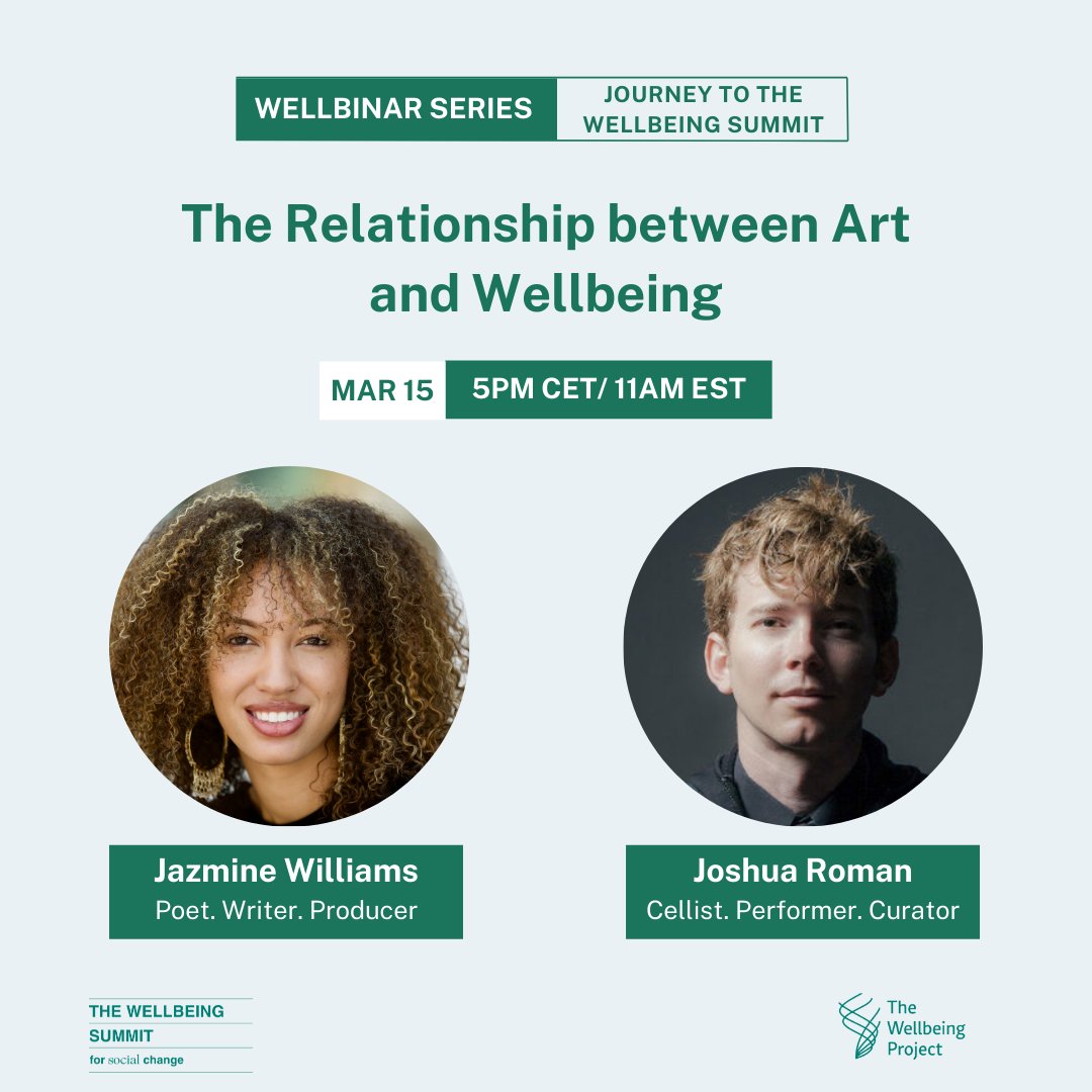 TheWellbeingP's tweet photo. 🎨 What role does art play in helping us make sense of ourselves and the world around us? Join us next Tuesday for our WELLbinar featuring live performances from Jazmine Williams and Joshua Roman (@joshua_cello). Register now: https://t.co/Qjl9c46vZm #WellbinarSeries #TWBS22 https://t.co/Iho6G61vHv