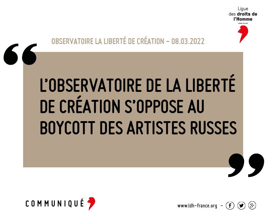 L’Observatoire de la liberté de #création, qui réunit une quinzaine d’organisations, tient à rappeler fermement les principes qui les unissent : la liberté de création &amp; diffusion des œuvres. Personne ne saurait en être privé à raison de sa nationalité.
➤ ldh-france.org/lobservatoire-…