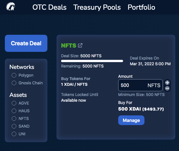 The <a href="/hedgeyfinance/">Hedgey 🦔</a> DAO treasury tools are the best you've going to find anywhere. 

app.hedgey.finance/#/otc/
