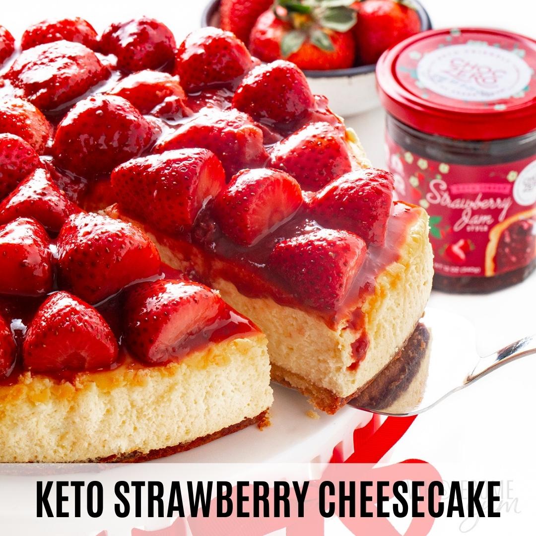 This keto friendly strawberry cheesecake is so delicious and easy to make. You won't believe it's sugar-free. <a href="/CHOCZERO/">ChocZero</a>  strawberry jam will be restocked mid-March! Get the full recipe here: wholesomeyum.com/keto-strawberr…