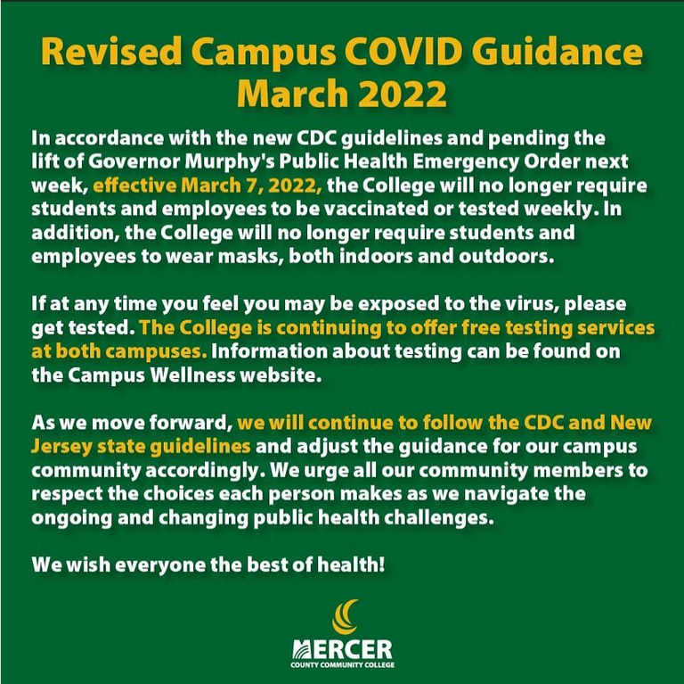 JkcLibrary's tweet image. Here&apos;s the latest update from our campus! We encourage all students, faculty, and staff ton continue making healthy choices and thank you for your cooperation.

#jkclibrary #mccclibrary #mccc #mercercountycommunitycollege