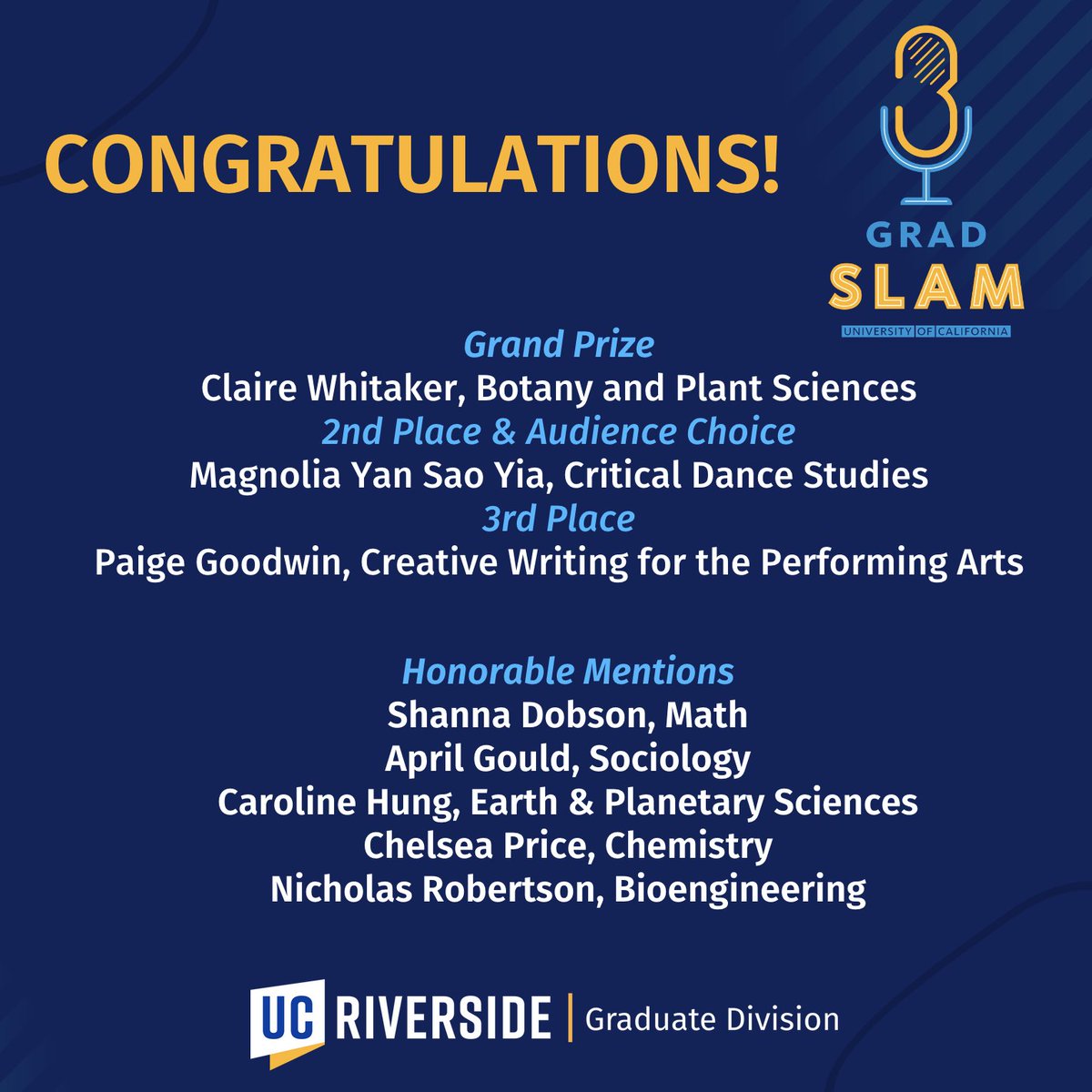 Thank you to all Grad Slam contestants for participating and making Grad Slam 2022 a memorable one! Claire Whitaker, our Grand Prize Winner, will represent UC Riverside at the UCOP Finals in May! gsrc.ucr.edu/grad-slam-2022