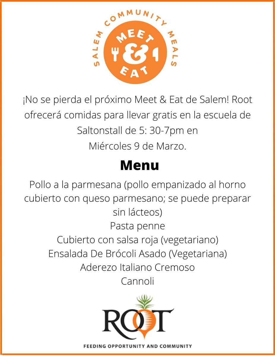 SalemMALibrary's tweet photo. Don't forget! The next Salem Community Meals Meet & Eat is Wednesday 3/9 from 5:30-7pm at the Saltonstall School. Stop by to get a free grab-and-go meal and say hello to friends and neighbors. #DinnerSolved
#SalemMA #community #meals https://t.co/oUqSZO8kza