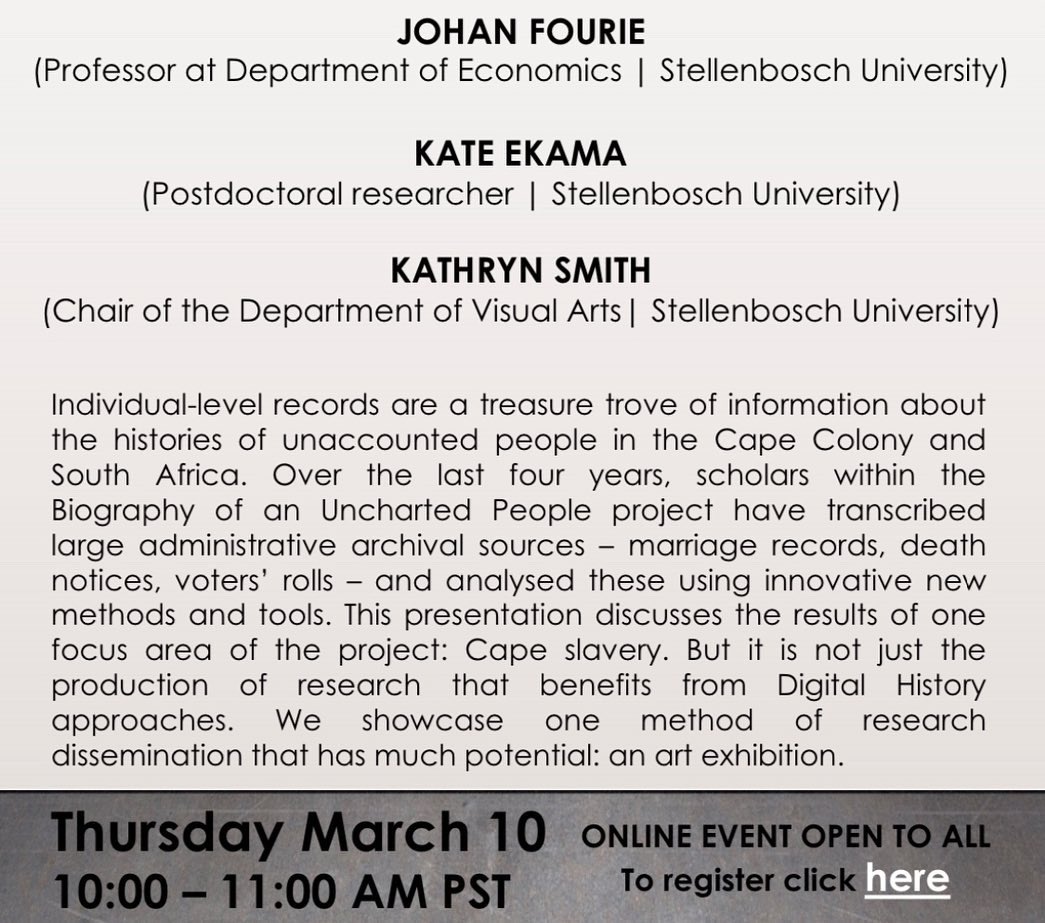 On Thurs at 20h00 SAST <a href="/StanfordGlobal/">Stanford Global Studies</a> hosts a workshop in the ‘Reframing Enslaved Pasts’ series, on the Biography of an Uncharted People project, focusing on #capeslavery Join us!
Link to register stanford.zoom.us/meeting/regist…